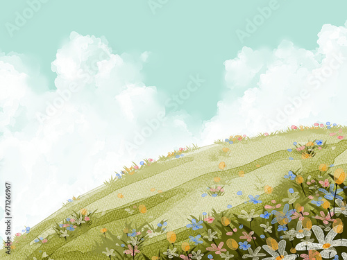 flowers field with blue sky in watercolor style background