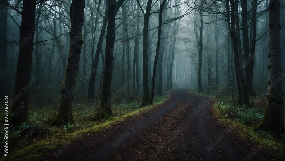 A dark and foggy forest path.

