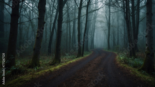 A dark and foggy forest path.