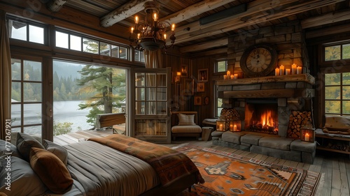 dark interior of a wooden cabin at night with a view of a beautiful lake in the green forest 