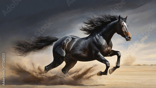 Running black horse  flying dust  on the sand  daytime.