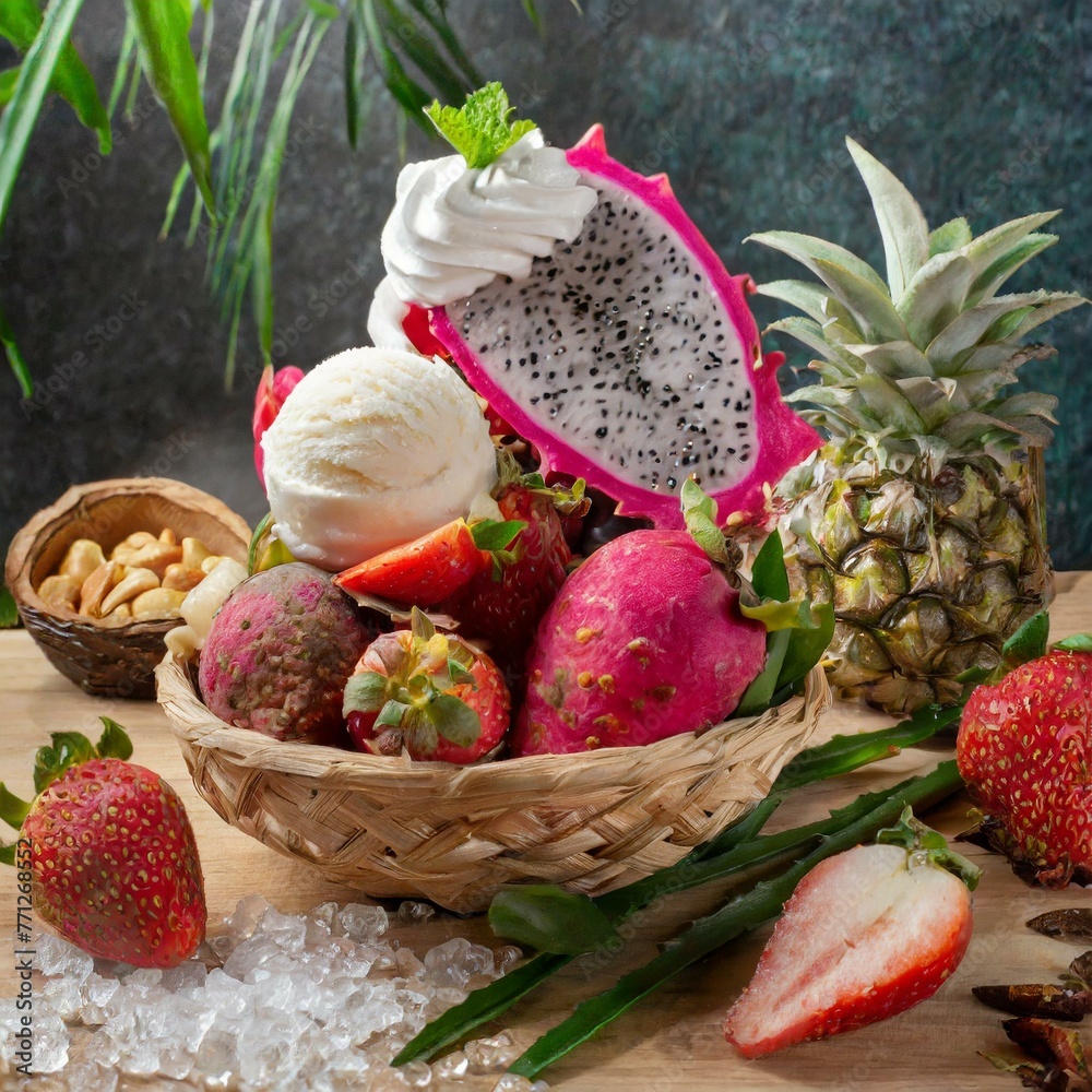 Tropical Delight:  Fruit Sliced Among Ice Cream and Strawberries