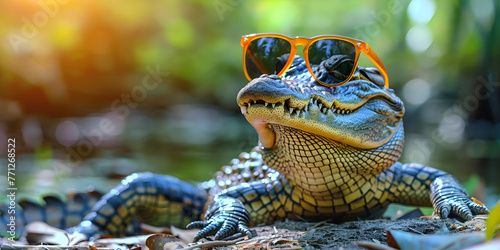 Crocodile in sunglasses on the ground in the forest. photo