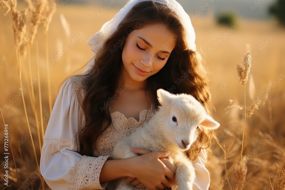 Beautiful young woman with little lamb in wheat field on sunny day Beautiful young woman with little lamb in wheat field on sunny day