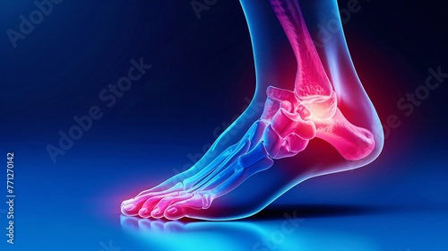 joint diseases, hallux valgus, plantar fasciitis, heel spur. Depicts a woman's leg in pain, emphasizing foot health issues photo