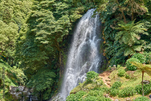 Biggest waterfall at Parque Natural da Ribeira dos Caldeiroes, Sao Miguel, Azores, Portugal photo