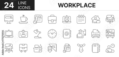 Collection of 24 workplace line icons featuring editable strokes. These outline icons depict various modes of workplace, business, management.