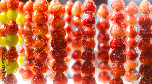 Tanghulu stawberry fruits candy on stick coating with sugar caramel glaze chinese menu photo