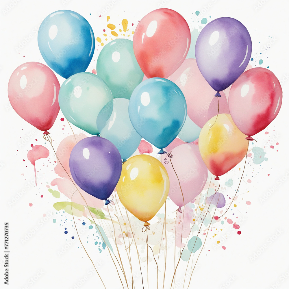 a whimsical wedding balloon arrangement in watercolor style isolated on a transparent background colorful background