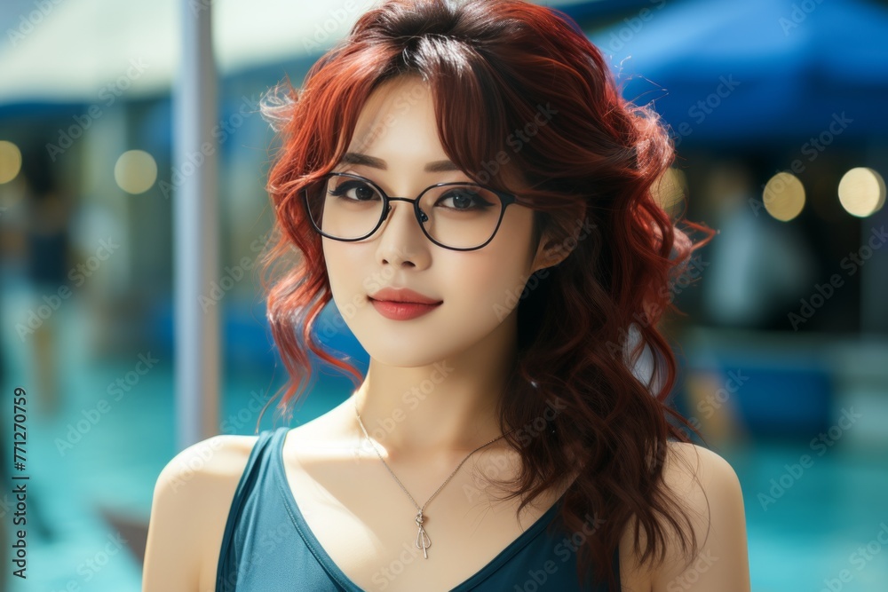 A high quality image of a young asian woman in a stylish bikini ...