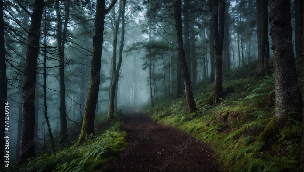 A photo of a path through a dark and misty forest.

