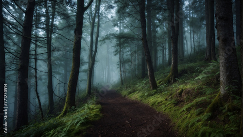 A photo of a path through a dark and misty forest.