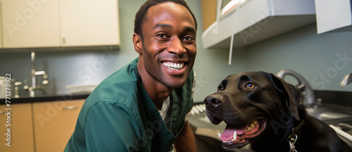 Veterinarian and dog. Attractive, positive graphic composition.