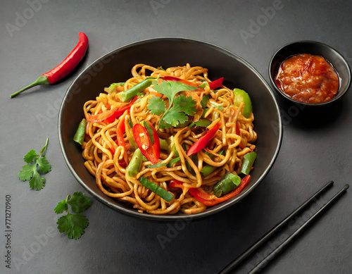 vegetarian schezwan noodles or vegetable hakka noodles or chow mein in black bowl at dark background. schezwan noodles is indo chinese cuisine hot dish with udon noodles, vegetables and chilli sauce photo