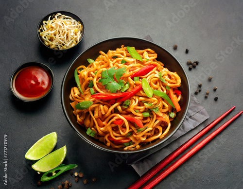 vegetarian schezwan noodles or vegetable hakka noodles or chow mein in black bowl at dark background. schezwan noodles is indo chinese cuisine hot dish with udon noodles, vegetables and chilli sauce photo