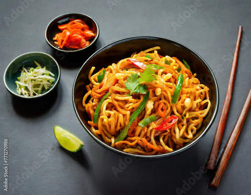 vegetarian schezwan noodles or vegetable hakka noodles or chow mein in black bowl at dark background. schezwan noodles is indo chinese cuisine hot dish with udon noodles, vegetables and chilli sauce