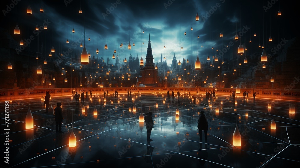 Fototapeta premium Patterns of glowing blockchain links encircling groups of people