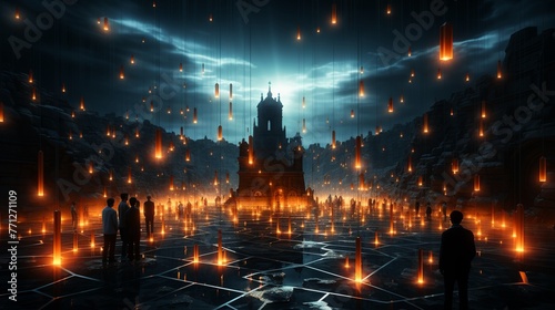 Patterns of glowing blockchain links encircling groups of people © Leninya