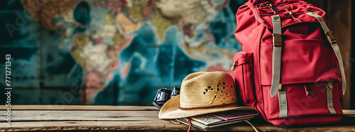 travel concept with map backpack map  straw hat on wo 1b25f442-c74a-4289-b0e6-41589f781fd9 0 photo