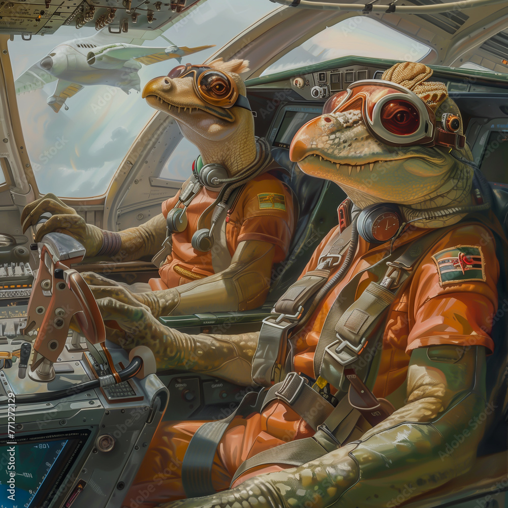 Fototapeta premium Fantasy flight deck with a crocodile captain and a parrot navigator, in a high-tech aircraft, clear skies ahead