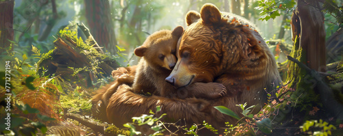 A mother bear embraces her cub in a lush forest, their bond a heartwarming testament to maternal love and protection photo