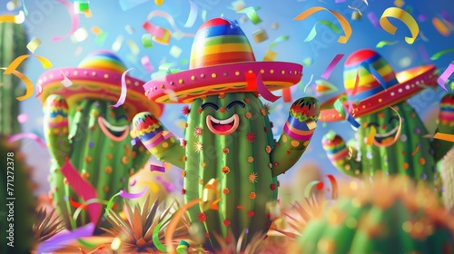 Fiesta Fun: Cartoon cacti wearing colorful sombreros and holding maracas, surrounded by confetti and festive streamers