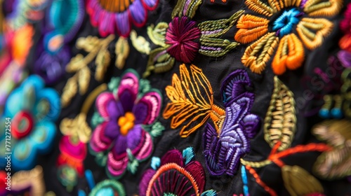 The intricate details of hand-embroidered flowers, animals, or geometric patterns on a traditional Mexican dress