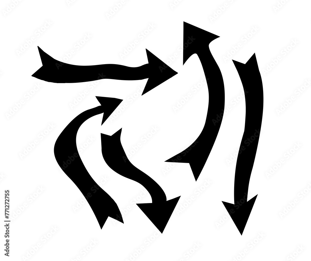 A set of black curved arrows pointing in different directions on a white background, symbolizing movement, flow, or directions
