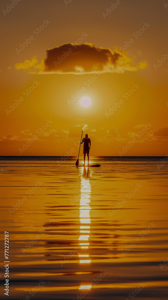 Paddleboarder Silhouetted Against Sunset Sky