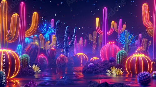 A nightclub-inspired poster with glowing cacti, neon lights, and vibrant maracas.Cinco de Mayo holiday