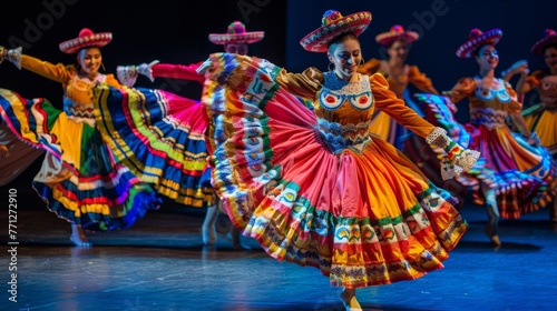 Show a group of dancers performing together in their Mexican dance dresses, conveying a sense of cultural celebration and unity 