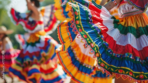 Show a group of dancers performing together in their Mexican dance dresses, conveying a sense of cultural celebration and unity 