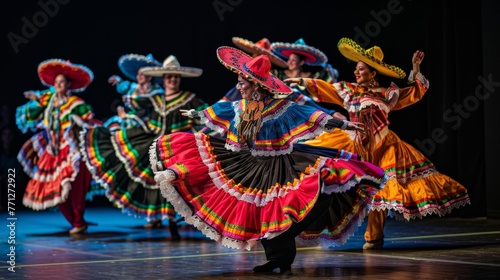 Show a group of dancers performing together in their Mexican dance dresses, conveying a sense of cultural celebration and unity 