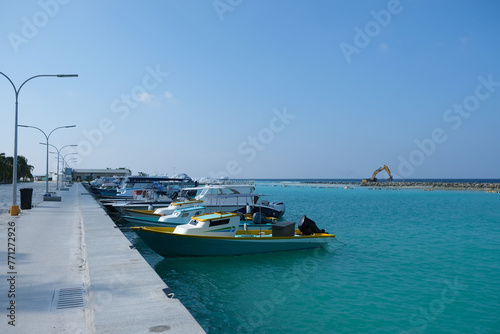 The speedboat parking at the side of the harbour of Ukulhas island. Ukulhas, one of the inhabited islands of Alif Alif Atoll.