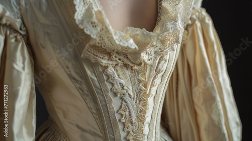 A luxurious silk dress with delicate lace trimmings on the bodice and sleeves, adding a touch of elegance to the costume photo