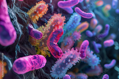 Microscopic view of Colorful bacteria. A close-up view of bacteria in a coral reef. The bacteria are brightly colored and form a variety of shapes.  photo