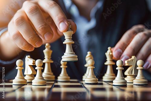 Close up of hands move pawns when playing chess. Symbolizes strategy and thinking in business. Generative AI