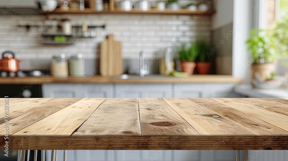 An empty beautiful wooden countertop and a blurred background of the interior of a modern kitchen. Product layout, product demonstration. Mockup. Elegant mockup presentation.