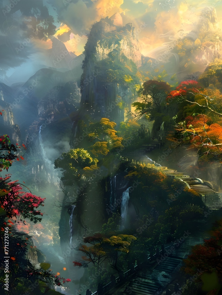 Lush and Mystical Jungle Landscape with Towering Mountains and Cascading Waterfall
