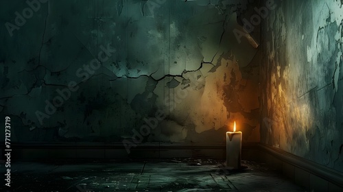 Lone Candle Flickering in Abandoned Dark Corridor Evoking Mysterious and Unsettling Atmosphere