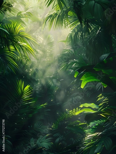 Lush,Verdant Tropical Forest with Beams of Sunlight Filtering Through the Canopy,Evoking a Sense of Tranquility and Wonder