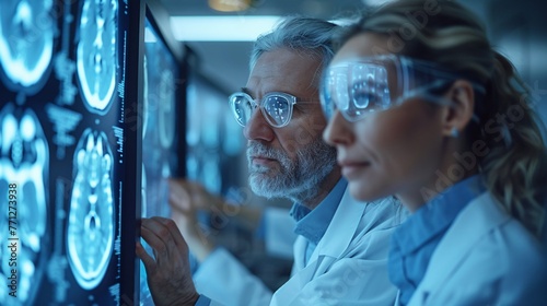 Detailed image of cerebral medical experts in lab coat examining complete body x-ray scan MRI on isolated background of medical facility. Radiological unit. photo