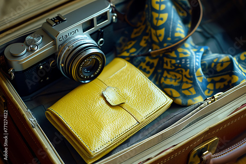 travel wallet and camera in a suitcase in the style o 212cb13d-879d-4e65-b5b3-2ece6907d31e 0 photo