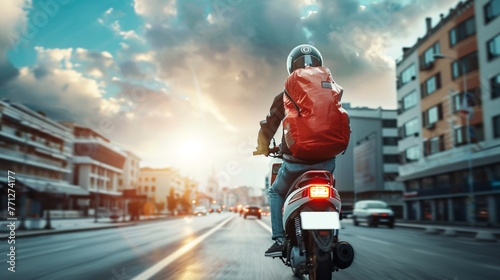 A speedy courier on a motorbike with a crimson backpack is en route to deliver meals to customers.