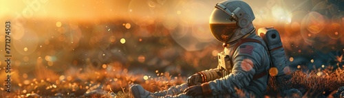 Astronaut, space suit, time dilation, contemplating life beyond Earth, 3D render, golden hour, Lens Flare #771274503