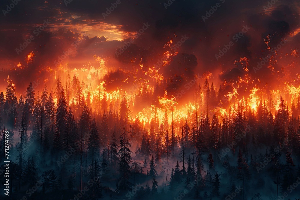 Forest fire in the forest. The concept of natural disaster