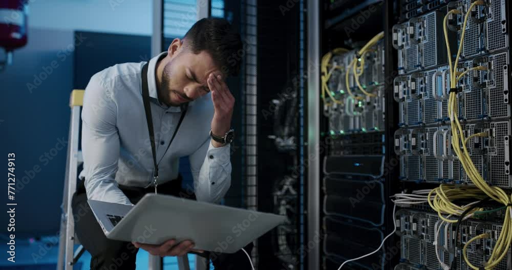Man, programming and headache from working with data on pc in server room or technician with burnout. Tired, programmer or person with fatigue or stress on mistake, error or fail in datacenter system
