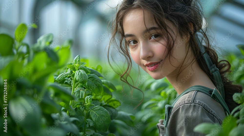 Profile portrait of woman laborer organizing container of verdant flora in ecological lab or plant nursery glasshouse blank area. Profile portrait of woman laborer organizing container of verdant flora in ecological lab or plant nursery glasshouse blank area.