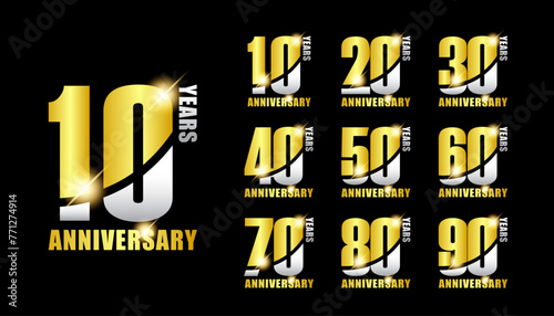 Set of anniversary gold logotype. Golden anniversary celebration emblem design for booklet, leaflet, magazine, brochure poster, web, invitation or greeting card