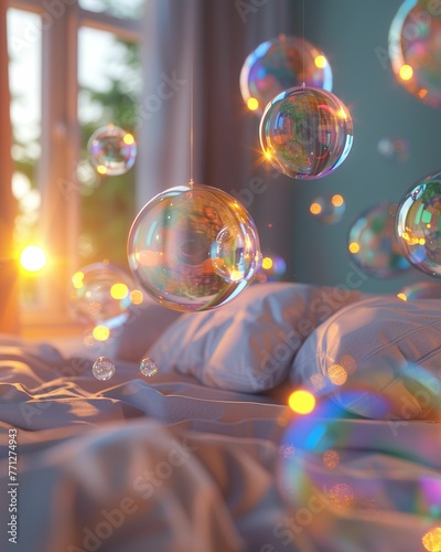 Floating magical spheres, modern bedroom, vibrant, realistic, backlighting, HDR © Jiraphiphat